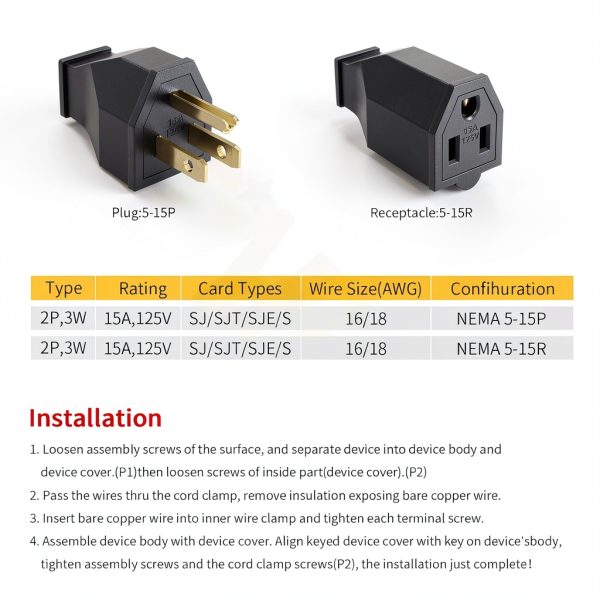 STARELO Extension Cord Ends 125V 15A 2 Pole Male Female Plug Set-1